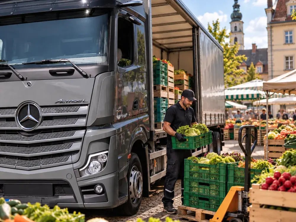 Berufskraftfahrer belädt einen Lkw mit Gemüsekisten auf einem Wochenmarkt