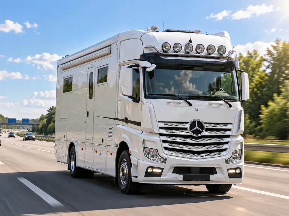 Wohnmobil auf Lkw-Basis auf der Autobahn